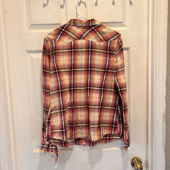 Mossimo Womens Flannel Western Top L Pink Plaid Pearl Snap Long Sleeve Jrs NWT - Picture 5 of 7